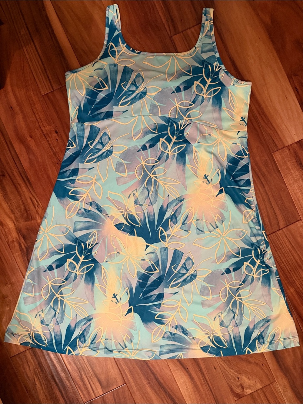 Floral Tropical Scoop-Neck Mini Dress in Teal & Navy